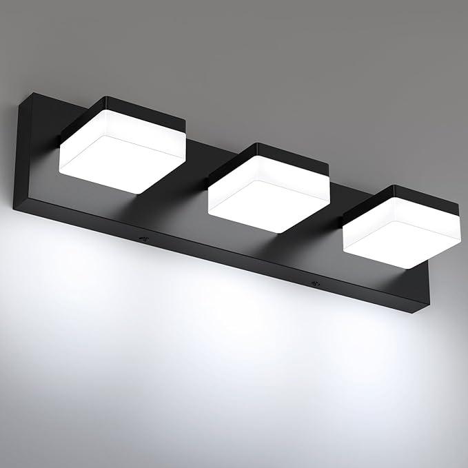 IZORRO LED Bathroom Vanity Light Fixtures, 3-Light Matte Black Modern Acrylic Bathroom Wall Lighting Fixtures Over Mirror (Cool White 6000K) IP44