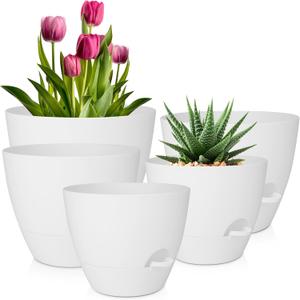 Plant Pots 10/9/8/7.5/7 Inch Self Watering Pots, Set of 5 Plastic Planters with Drainage Holes and Saucers,Plastic Flower Pots, Nursery Planting Pot for Indoor Out Door Plants (Pure White)