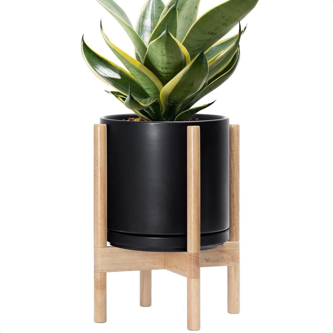 D'vine Dev Ceramic Pot with Natural Wood Stand, Black, 10 in, 55-B-K-2