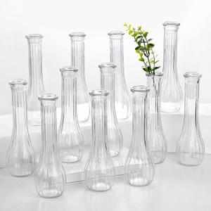 Glass Bud Vases for Centerpiece,12 Pcs Small Clear Ribbed Flower Vases for Weddings, Parties, Home Decor (8.5" Tall, Bulk Set) - Minimalist Table Vase for Roses, Pampas Grass, DIY Arrangements