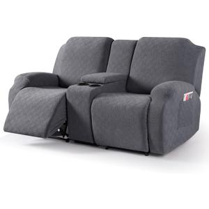 VANSOFY Recliner Loveseat Cover with Middle Console Stretch Reclining Sofa Slipcover for 2 Seat Jacquard Reclining Couch Sofa Covers Furniture Protector with Elastic Straps Bottom (Dark Gray)