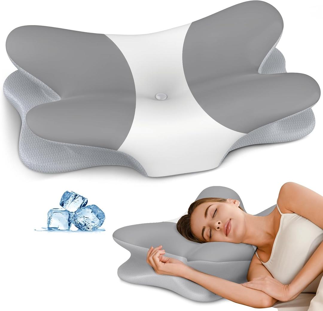 Cervical Pillow for Neck Pain Relief, Ergonomic Neck Pillow for Sleeping, Contour Pillow for Neck Support, Memory Foam Pillows for Reading & Bed Rest Pillows for Sleepers (Grey & White)