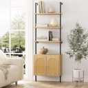 Ladder Bookshelf with Cabinet, 6 Tier Wall Mount Ladder Bookcase with Rattan Cabinet, Tall Open Ladder Shelf with Metal Frame for Living Room, Bathroom, Home Office, Natural (1PC)