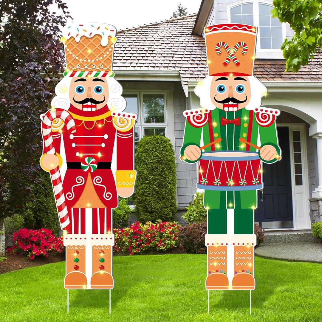 Wenqik 2 Pcs Large Christmas Nutcracker Outdoor Decorations with LED Light, Nutcracker Yard Sign with Stakes 39 x 13 Inch Christmas Outdoor Yard Decorations for Xmas Holiday Lawn Porch Party Supplies