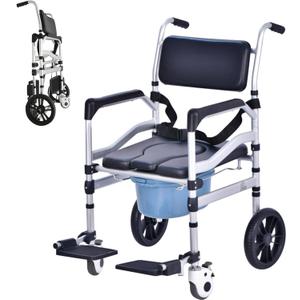 Shower Chair with Wheels Aluminum Alloy 4 in 1 Foldable Height Adjustable Shower Wheelchair, Sturdy Rolling Shower Chair with Large Commode for Seniors (Black)
