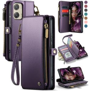 Defencase Compatible with Moto G Stylus 5G 2024 Case, RFID Blocking Wallet Case Compatible for Motorola Moto G Stylus 5G 2024 PU Leather Flip Strap Zipper Card Holder Phone Case for Women, Purple