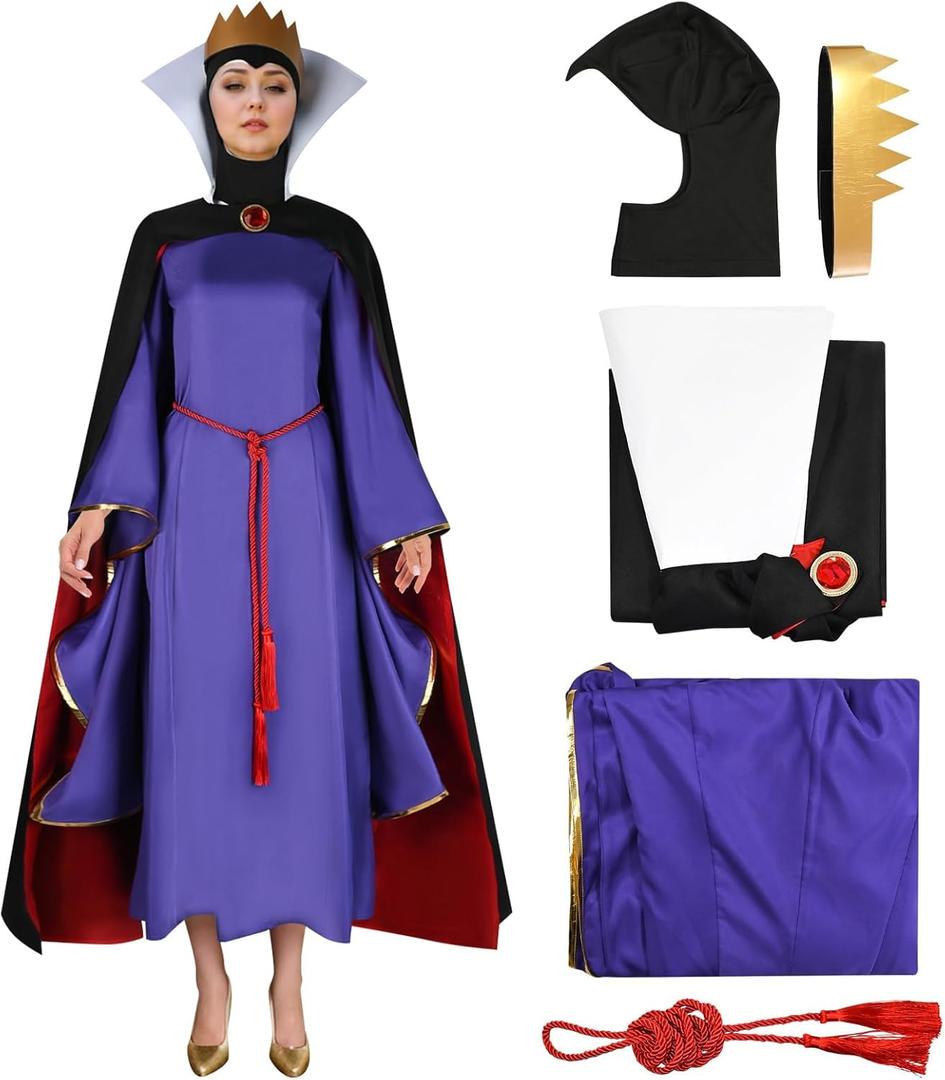 Queen Witch Costume Women Cosplay Dress Accessories Crown Cloak Belt Fairy Snow Robe Adult (X-Large, Purple)