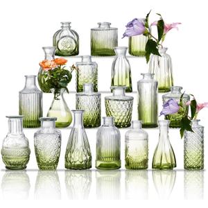 Glass Bud Vase Set of 20 - Small Vases for Flowers in Bulk - Assorted Vintage Crystal Vases for Flowers, Table Centerpieces (Green, 20 Pcs)