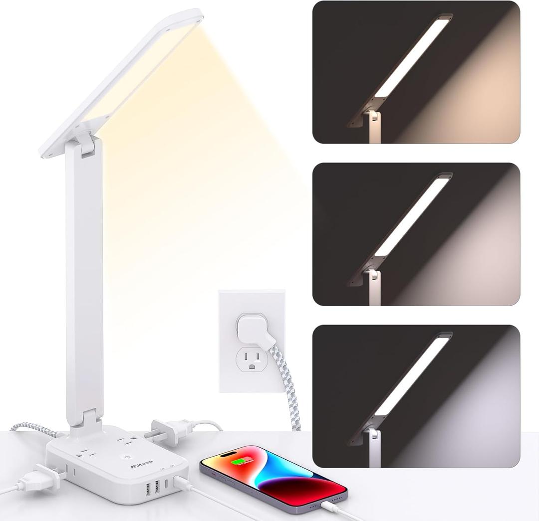 Power Strip with LED Desk Lamp, PD 30W Touch Desk Lamps, 4 Outlets 4 USB Ports(2 USB C) Small Desk Lamp 5FT Extension Cord Table Lamp for Home Office College Dorm Room Essentials Bedroom Bedside Study, White