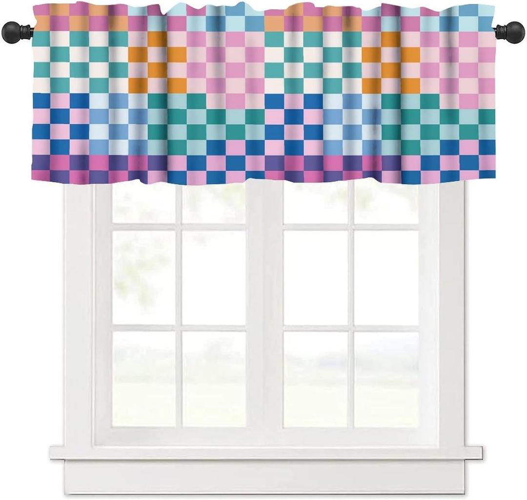 Retro Multicolored Checkered Window Valance Curtain, Colorful Bright Rainbow Modern Simple Groovy Aesthetic Farmhouse Kitchen Valances for Dining Room Canteens Decor 54x18inch (Swirl-11)