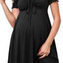 OYOANGLE Women's Maternity Bow Front Short Sleeve Dress V Neck A Line Pregnancy Casual Short Dresses XL