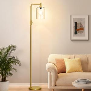 Dimmable Gold Floor Lamp for Living Room with Clear Glass Lampshade, Glass Modern Floor Lamp with 900LM Edison Bulb Included, Standing Tall Lamp for Bedroom, Office, Reading Room, Corner