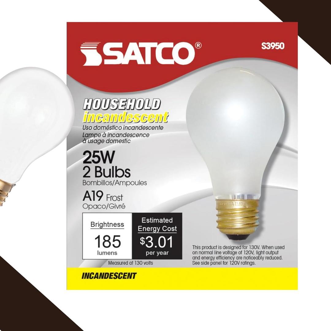 Satco S3950 A19 Incandescent Bulb, 25W, 130V, Frosted Finish, 180 Lumens, Medium E26 Base, Dimmable, 2700K Warm White, 2,500 Hour Lifespan (12 Bulbs)