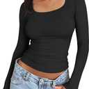Trendy Queen Womens Long Sleeve Shirts Crop Tops Square Neck Going Out Basics Tees Y2K Winter Clothes 2025 (X-Large, Black)