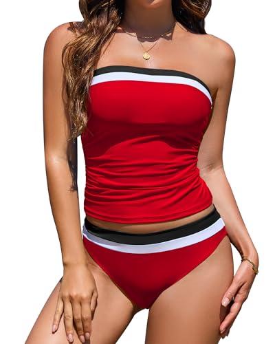 Jolefille Women Two Piece Bandeau Swimsuit - Bathing Suit Tummy Control Color Block Bikini Set Coverage Strapless Top Tankini, XL