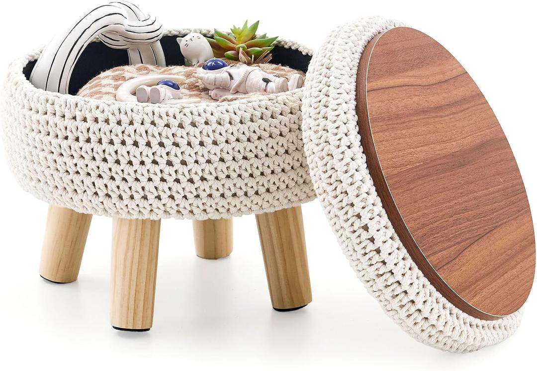 Round Storage Ottoman Foot Rest Cotton Braided Foot Stool Pouf Ottoman with Solid Wood Legs Footstool with Storage Shoe Changing Stool for Living Room White (13"D x 13"W x 11.3"H)