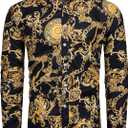 fohemr Mens Luxury Dress Shirts Baroque Gold Chain Print Casual Long Sleeve Button Down Buchona Shirt for Party (Black, XL)