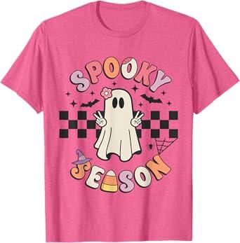 Spooky Season Retro Happy Halloween Ghost Women Toddler Girl T-Shirt , Pink Heater