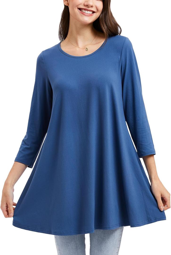 ENMAIN Tunic Tops for Women 3/4 Sleeve Plus Size Women's Tunics Loose Fit Floral Swing Flare Ladies Blouse for Leggings (Blue, M)