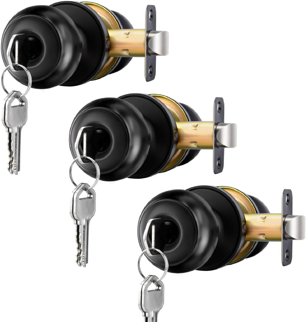 goldenwarm 3 Pack Black Exterior Door Knobs Entry Door Knobs Keyed Entry Door Knob with Lock Interior and Exterior Door Lock with Round Ball