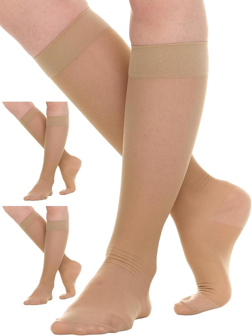 (3 Pairs) Sheer Compression Socks for Women 15-20mmHg - Womens Graduated Knee Highs Support Stockings for Circulation, Swelling, Varicose Veins, Lymphedema - Beige, X-Large - A403