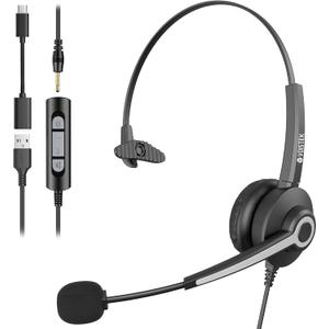 Voistek USB Mono Headset with Noise Cancelling Microphone for Call Center & Office Communication, Single-Ear Wired Headset with USB-A/C Sound Card for Customer Service and Dispatch Work