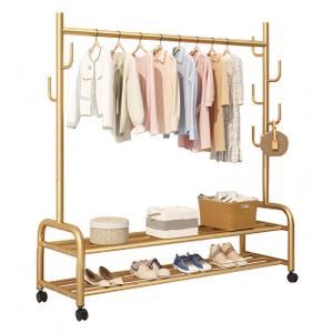 Clothes Rack, Standing 360 Rolling Clothing Rack for Hanging Clothes, Sturdy Metal Garment Racks, Multifunctional Clothes Organizer, Coat Rack for Bedroom Laundry Living Room (Gold, 5914.565inch)