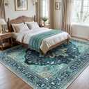 RELEANY Vacuum-Friendly Area Rugs 8'x10' Machine Washable, Non-Slip, Floral Vintage Distress Print Pattern Medallion Carpet for Living Room Bedroom Teal Green Lake Blue Turquoise