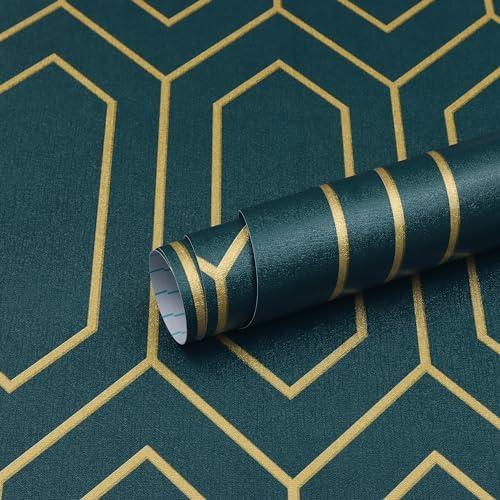 Safiyya Peel and Stick Wallpaper Gold and Dark Teal Geometric Wall Paper Contact Paper Textured Self Adhesive Removable Wallpaper Wallpaper for Bathroom Vinyl Roll 393"x17.3"