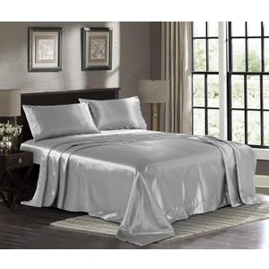 Pure Bedding Satin Sheets Queen [4-Piece, Silver] Hotel Luxury Silky Bed Sheets - Extra Soft 1800 Microfiber Sheet Set, Wrinkle, Fade, Deep Pocket Fitted Sheet, Flat Sheet, Pillow Cases