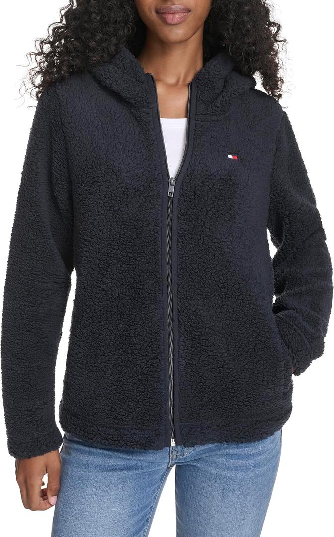 Tommy Hilfiger womens Zipper Hoodie Sherpa Fuzzy Jacket (X-Large, Sky Captain)