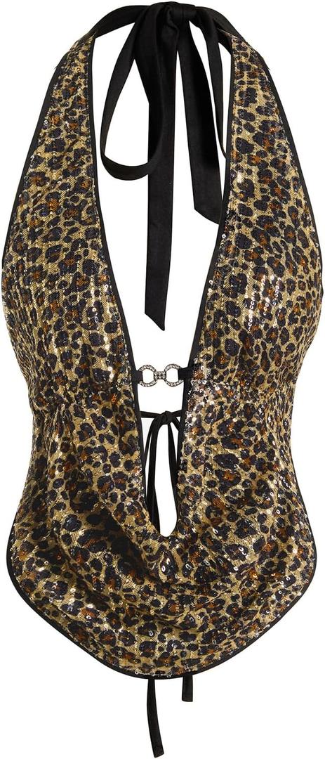 Verdusa Women's Cheetah Print Sequin Top Y2K Tie Back Corset Halter Going Out Crop Tops X-Small