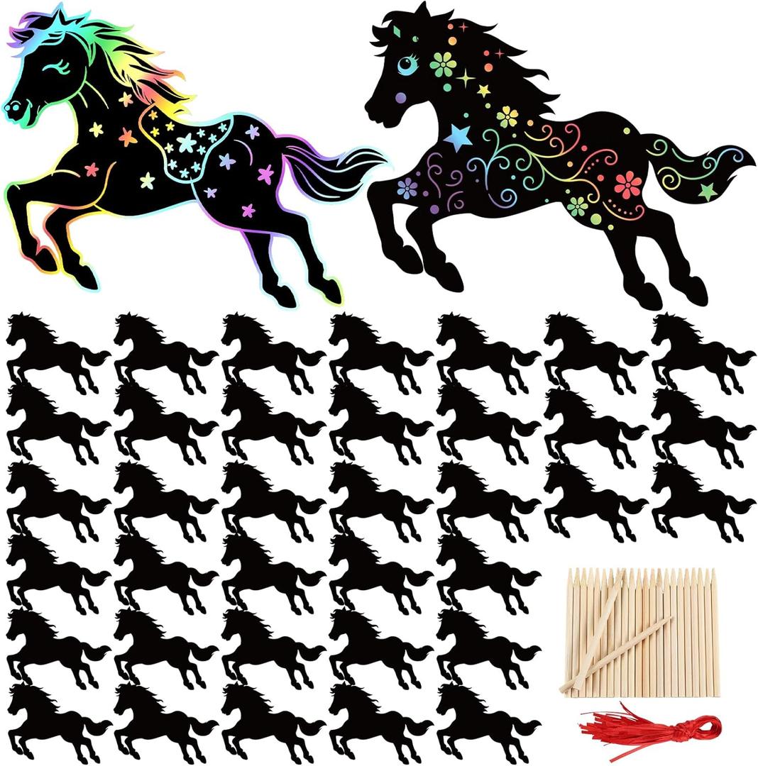 TecUnite 192 Pcs Chinese New Year 2026 Horse Crafts Scratch Art Paper Lunar New Year Horse Crafts Gifts Scratch Painting Gift DIY Hanging Ornaments Chinese Spring Festival Party Favors Home Decor