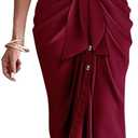 BTFBM Maxi Dresses for Women Summer Fall 2025 Long Sleeve Lapel Neck Button Down Elegant Satin Belted Ruched Shirt Dress (Large, Dark Wine Red)