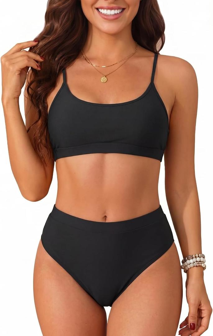 Tempt Me Women High Waisted Bikini Set Athletic Two Piece Swimsuits Sporty High Cut Bathing Suit with Scoop Neck (Black, Small)