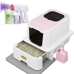 RIZZARI Pink Cat Litter Box: Covered Top Entry with Drawer & Spray 24.25"L x 19"W x 16.54"H