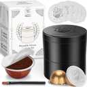 Reusable Vertuo Capsule Kit  50 Pcs Aluminum Foil Seal Lids, Holder & Brush Included  for Refilling Nespresso Vertuo/Vertuoline Pods, Reusable Coffee Capsules Tool Set