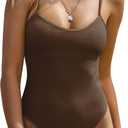 ZAFUL One Piece Swimsuit for Women Ribbed Scoop Neck 1 Piece Bathing Suits Open Back Cheeky High Cut Swimsuits Light Coffee L