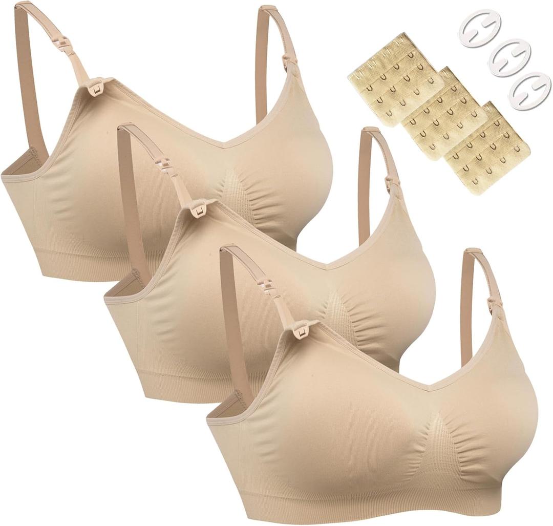 HOFISH Women's Seamless Nursing Maternity Bra Push Up Comfort Sleep Bralette 3PCS/ Pack, Beige XL