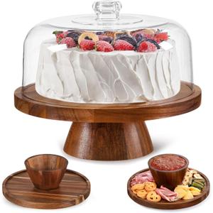 Farmyards Acacia Wood Cake Stand with Acrylic Dome Lid - 12in Acacia Wood 2-in-1 Footed Round Cake Holder, Cake Plate Display with Cover for Baking Gifts, Large Dessert Table Display Set & Charcuterie Board for Parties (2 in 1 Round)