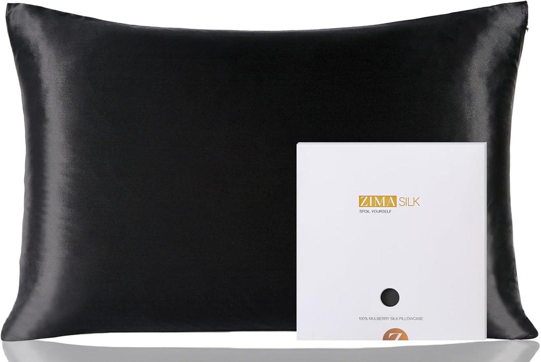 ZIMASILK 100% Pure Mulberry Silk Pillowcase for Hair and Skin Health,Soft and Smooth,Both Sides Premium Grade 6A Silk,600 Thread Count,with Hidden Zipper,1pc(Standard 20''x26'',Black)