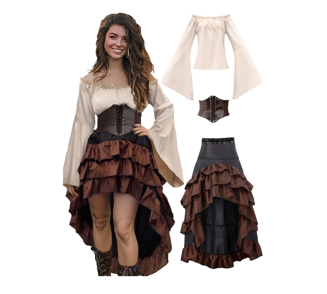 Verceco Pirate Costume Women Outfit with Renaissance Pirate Shirt Skirt Corset Waist Belt Womens Halloween Pirate Costumes (Beige+Brown, M)