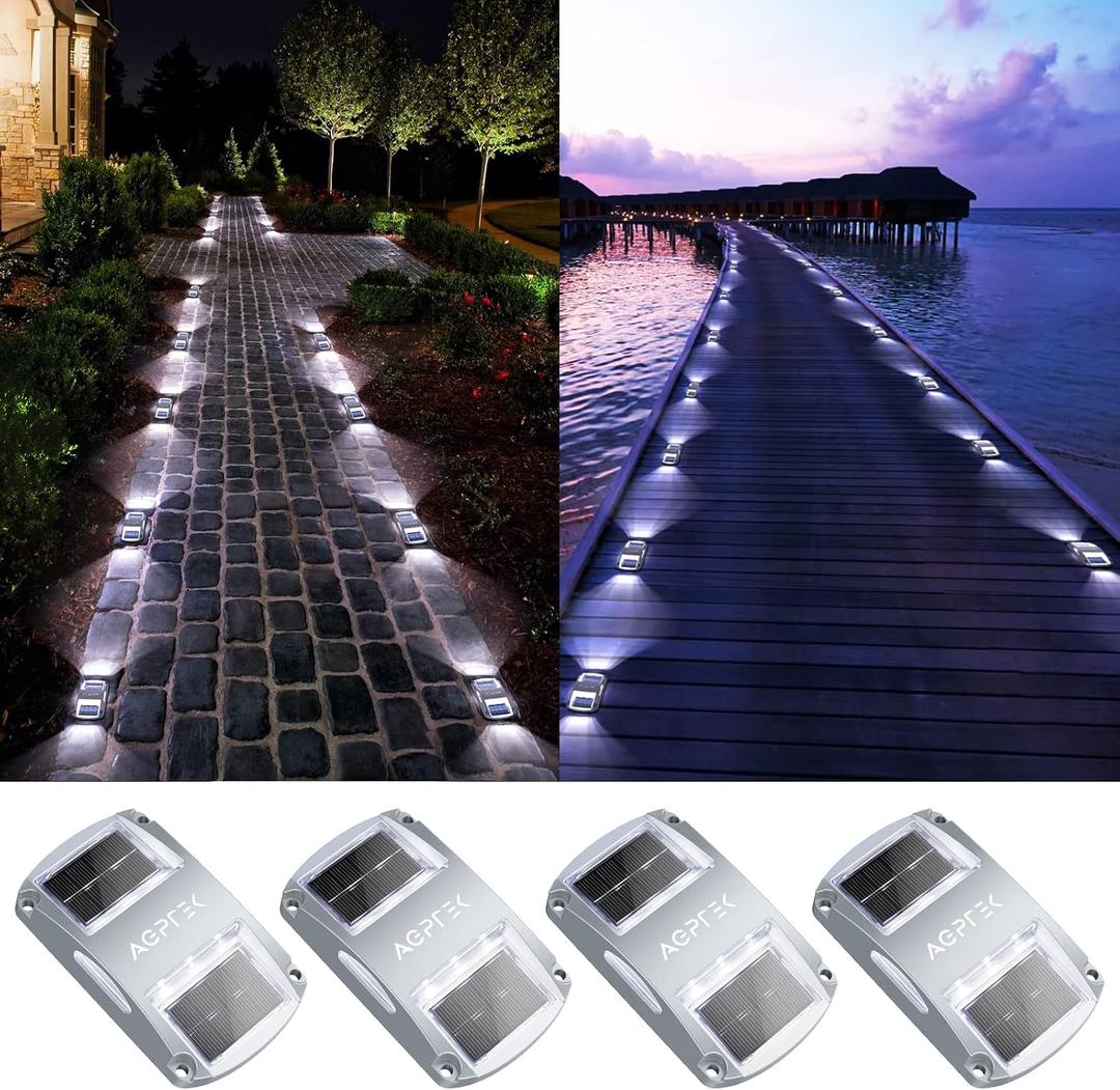 AGPTEK Solar Driveway Lights 4 Pack, Outdoor Deck Dock Marine LED Solar Powered Waterproof Driveway Marker Lights for Warning Step, Sidewalk, Pathway, Garden, Yard (White Light)