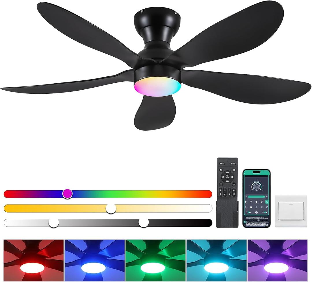 Ceiling Fans with Lights and Remote/APP Control, 44 inch Low Profile Ceiling Fans with Dimmable White Colors and RGB Lighting, 6 Speeds 5 Curved Blades for Kids Room Bedroom Bar, Black