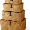 Woanger Set of 4 Wicker Storage Baskets Organizer，Handwoven Storage Bins with Lid for Organizing, Home Utility Box for Home Office Supplies Multipurpose Container(Orange)