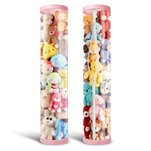 AMGAMGTS 2 Pack Stuffed Animal Storage Tube - Clear 60 inch Large Vertical Toy Organizer, PET Transparent Display Holder for Plushies, Stuffed Animals Zoo for Playroom, Living Room, Bedroom (Pink)