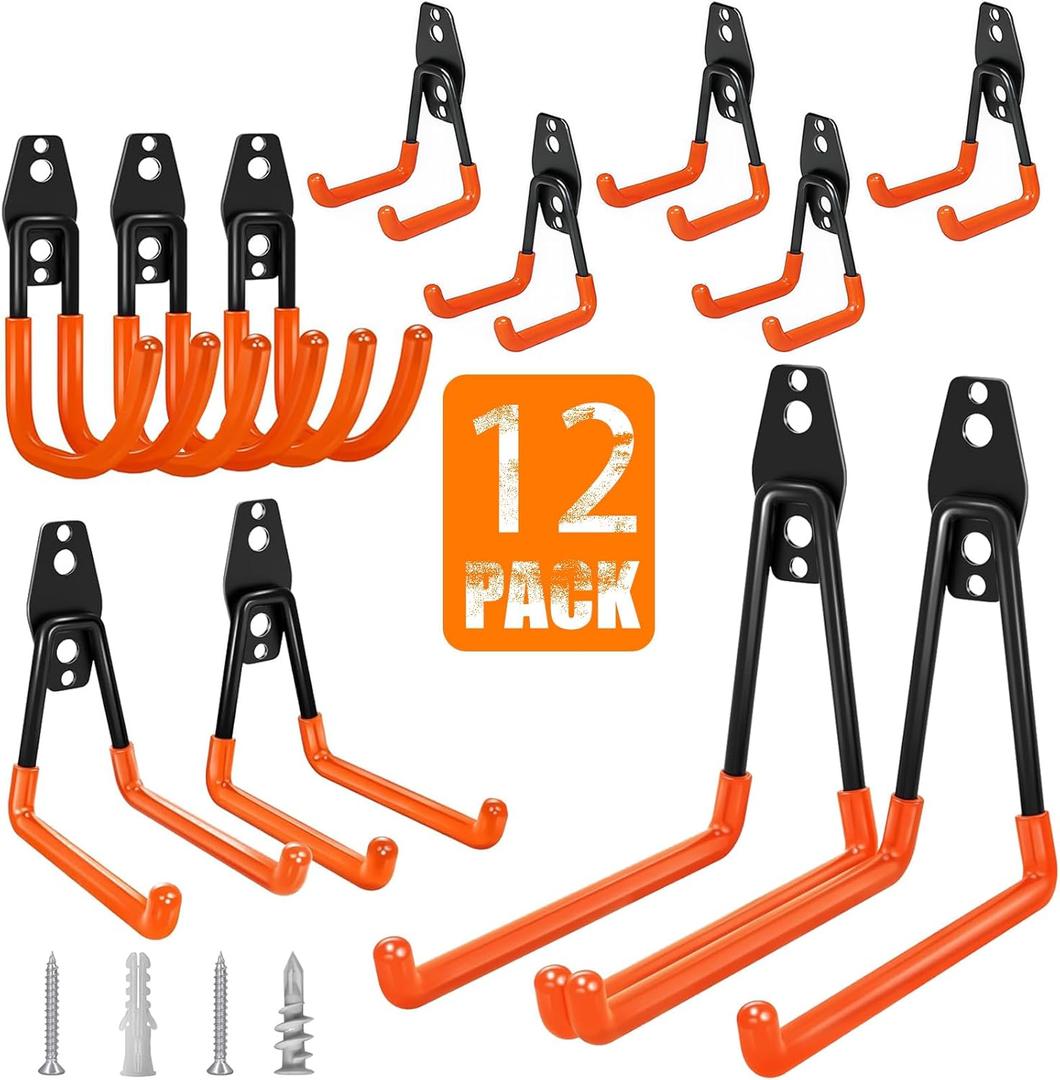 Garage Hooks Heavy Duty, 12 Pack Anti-Slip Coating Garage Wall Storage Hooks for Hanging Bike, Ladder, Garden Tools (Orange)