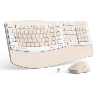 Ergonomic Wireless Keyboard and Mouse Combo, Wave Keys Keyboard with Wrist Rest for Natural Typing, 3 DPI Adjustable Ergonomic Silent Mouse for Computer/Laptop/Windows/Mac (Latte Color-A)