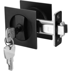 Pocket Door Lock with Key, Matte Black Pocket Door Hardware Square Door Lock for Privacy Sliding Door Bifold Door Locks Pocket Door Pull Handles Replacement Hardware