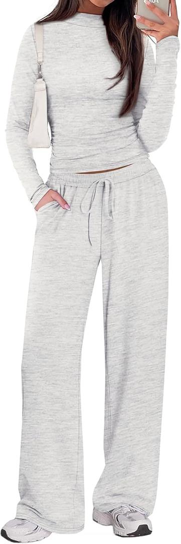 Sampeel Two Piece Lounge Set for Women 2 Piece Fall Outfits 2025 Mock Neck Ruched Tops Wide Leg Pants Travel Airport (Large, Classic Grey (Long))